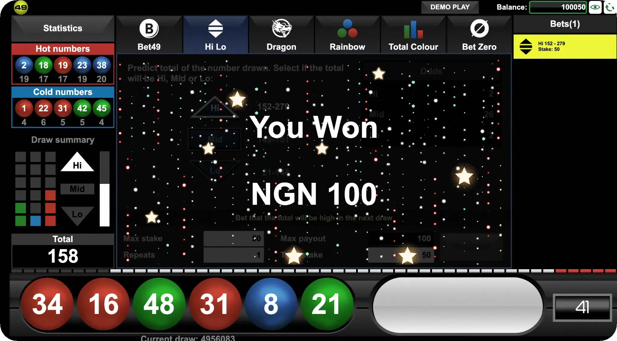 Example of a winning combination in a Hi-Lo bet on 49ja