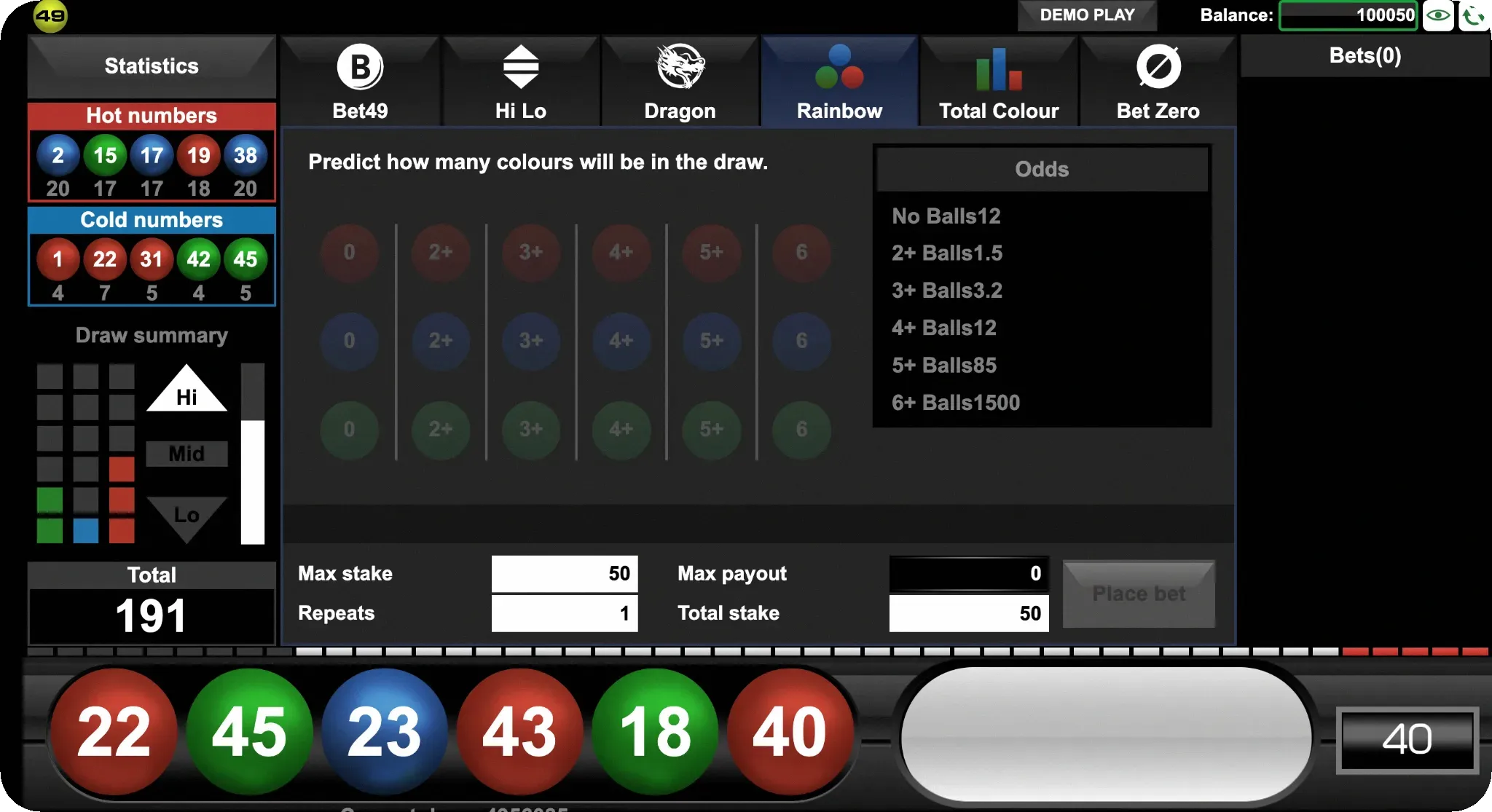 The Rainbow bet interface, illustrating a strategic game choice